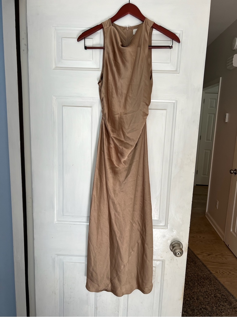Wilfred Aritzia Only Satin Cowl Neck Midi Dress Taupe Brown‎ 4 Ruched Cocktail